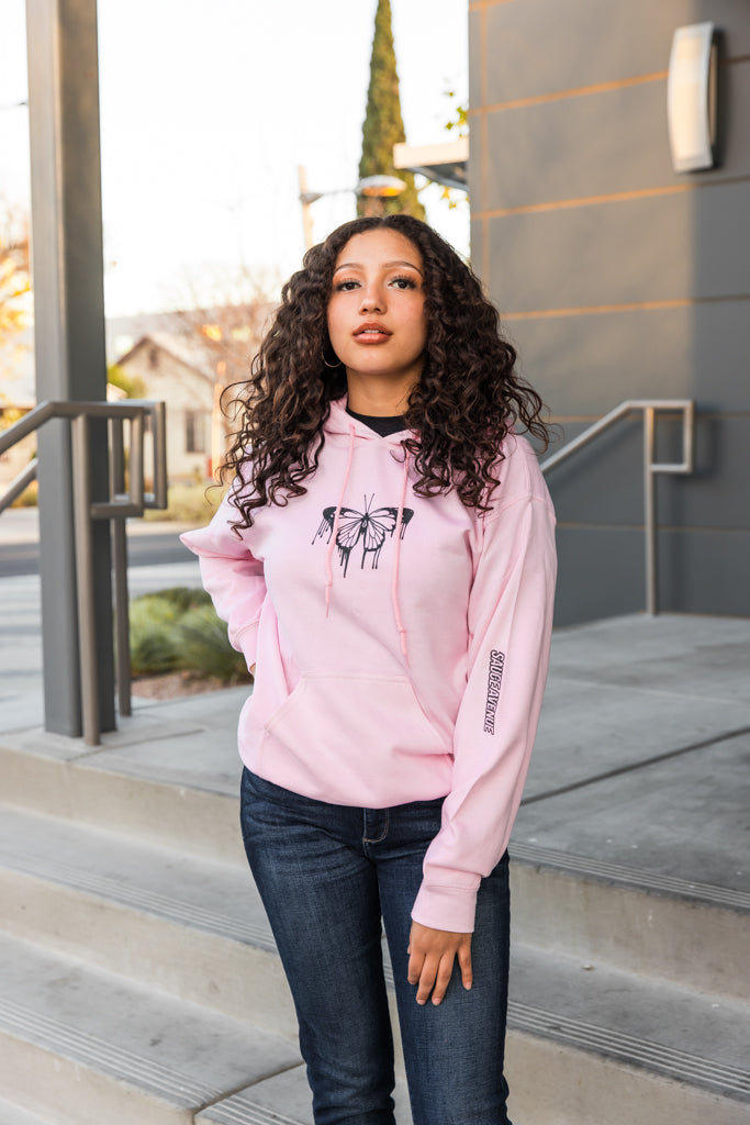 Black Passion Butterfly Drip | Light Pink Hoodie - Sauce Avenue