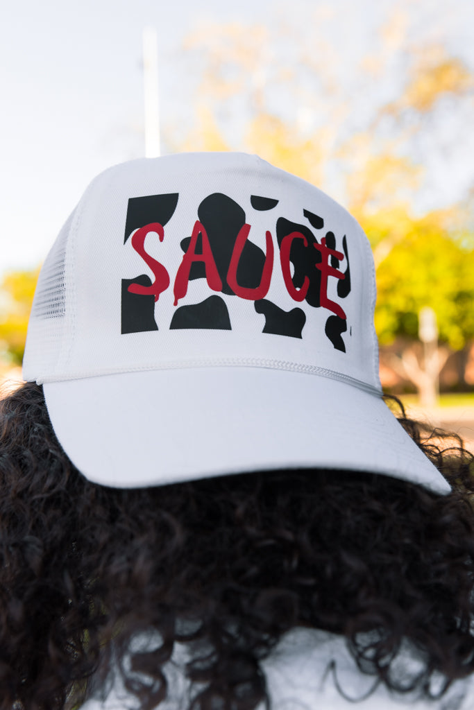 Cow Print Sauce V2 | White Mesh-Back Trucker Hat (Chick-fil-A)- Sauce Avenue