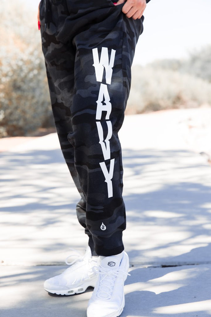 White WAVY (Vertical) | Black Camo Joggers - Sauce Avenue