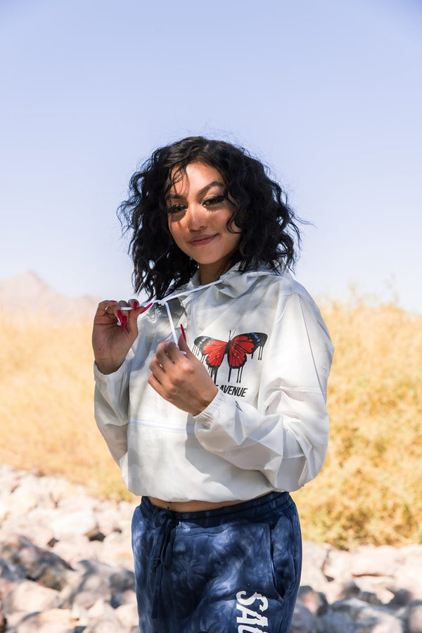 Red Passion Butterfly Drip | White Camo Crop-Zip Windbreaker - Sauce Avenue
