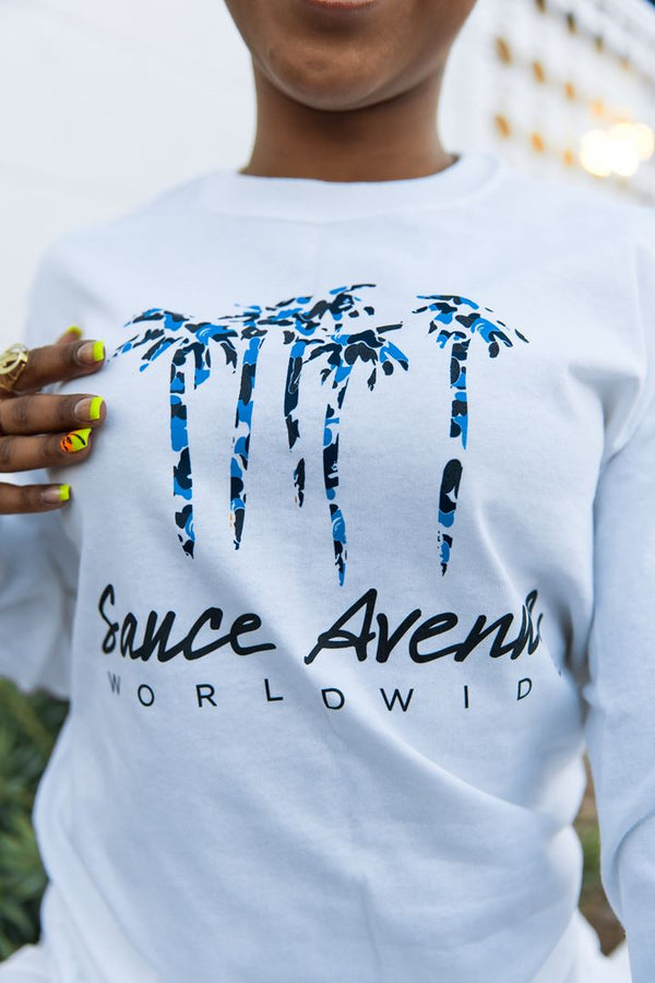 Palm Trees SA Worldwide (Blue Camo) | White Long Sleeve Tee - Sauce Avenue