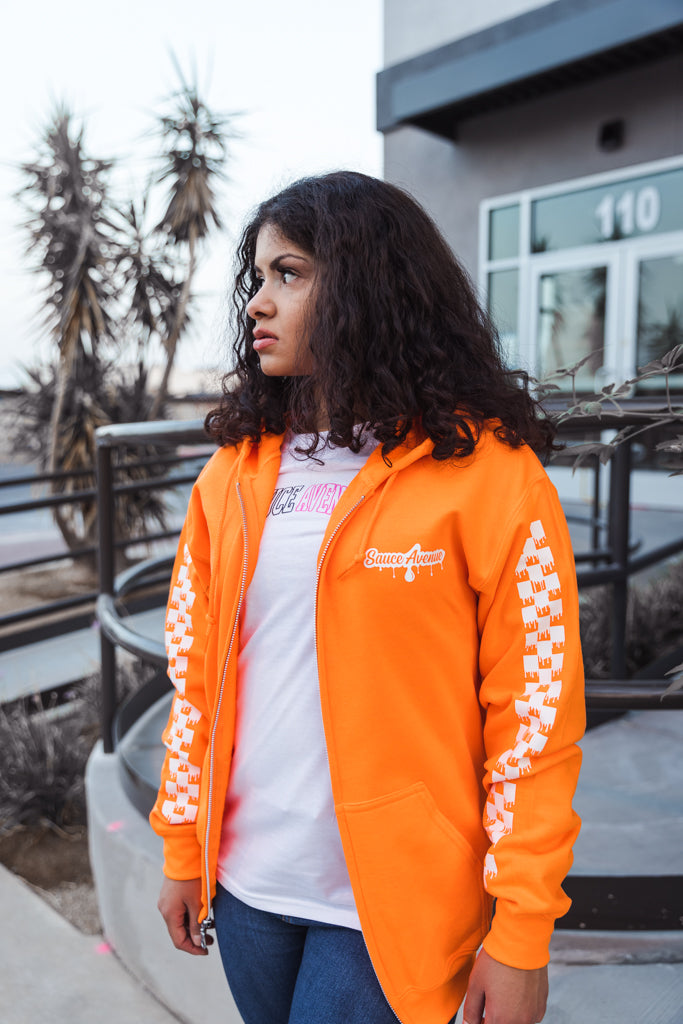White SA Drip | Neon Orange Zip Up Jacket (Solid Checkered Drippin Sleeves) - Sauce Avenue