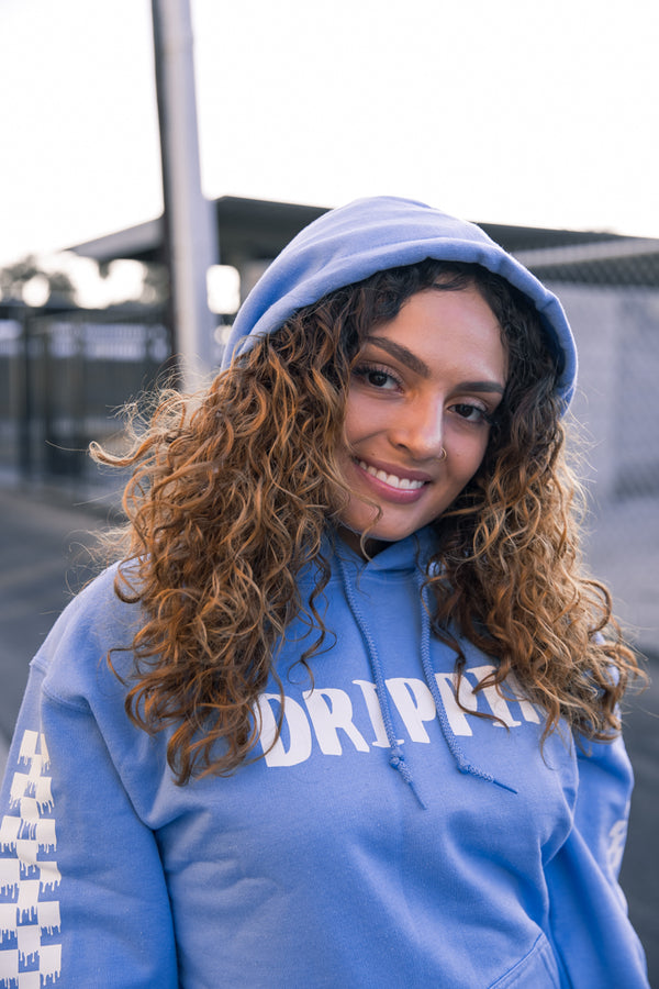 White Drippin V2 | Light Blue Hoodie (Solid Checkered Drippin Sleeve) - Sauce Avenue
