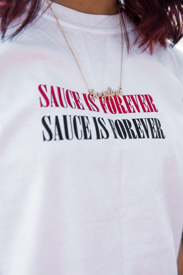 Red/Black Sauce Is Forever (Double Small) | White Tee (Double LOVE Sleeve) - Sauce Avenue