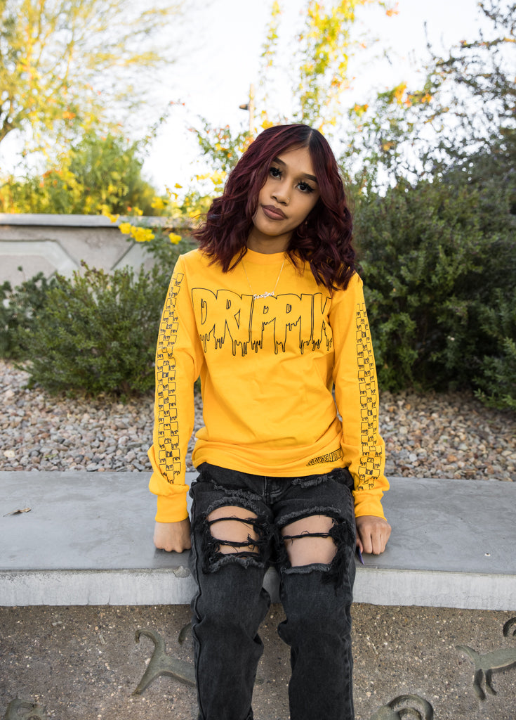 Black Outline Drippin | Mustard Long Sleeve Tee (Outline Checkered Drippin Sleeves) - Sauce Avenue