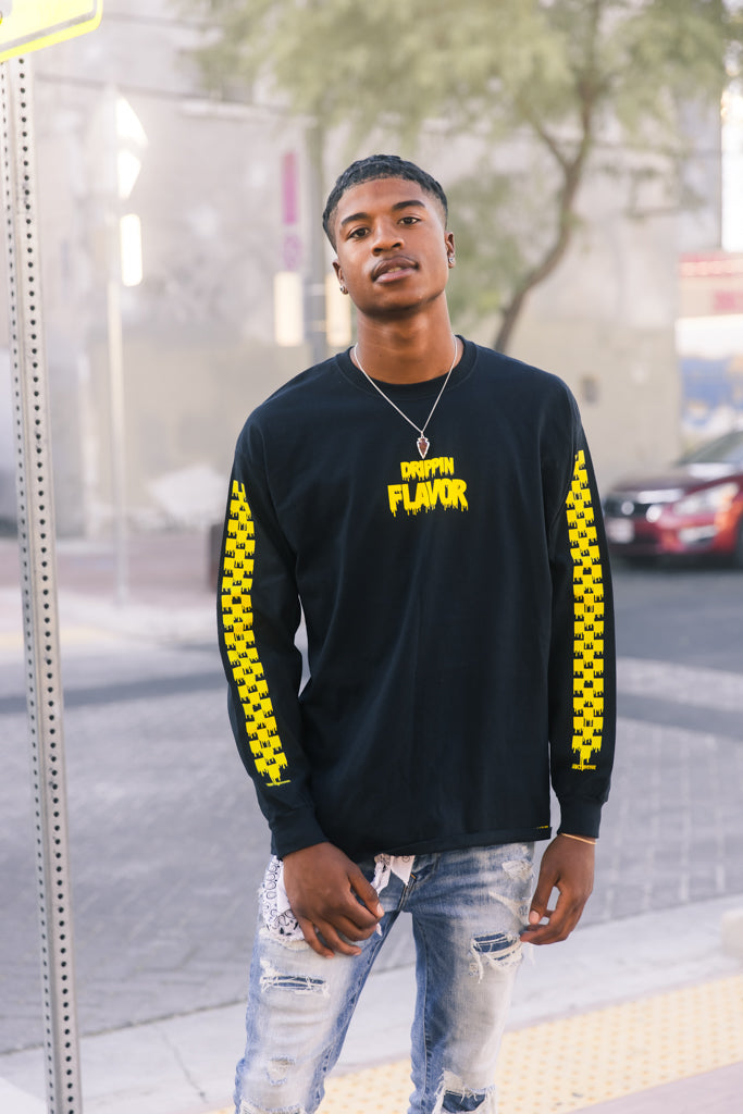 Yellow Drippin Flavor | Black Long Sleeve Tee (Solid Checkered Drippin Sleeve) - Sauce Avenue