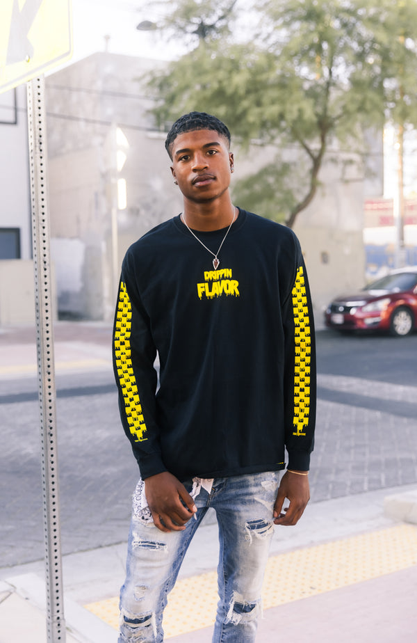 Yellow Drippin Flavor | Black Long Sleeve Tee (Solid Checkered Drippin Sleeve) - Sauce Avenue