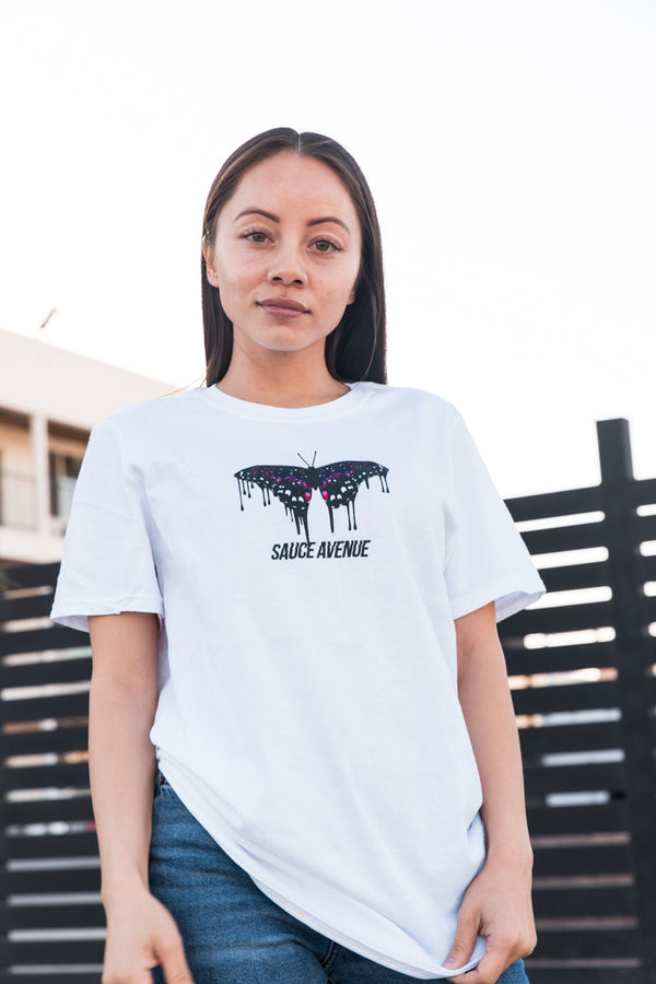 Purple Royalty Butterfly Drip | White Tee - Sauce Avenue