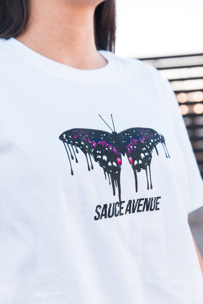 Purple Royalty Butterfly Drip | White Tee - Sauce Avenue