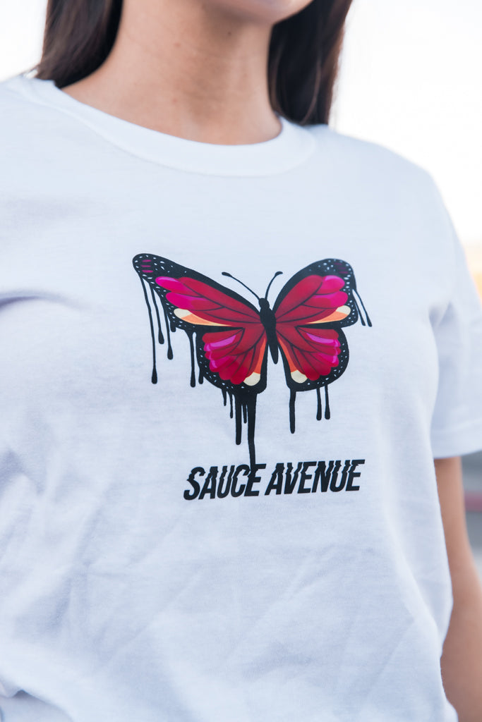 Pink Compassion Butterfly Drip | White Tee - Sauce Avenue