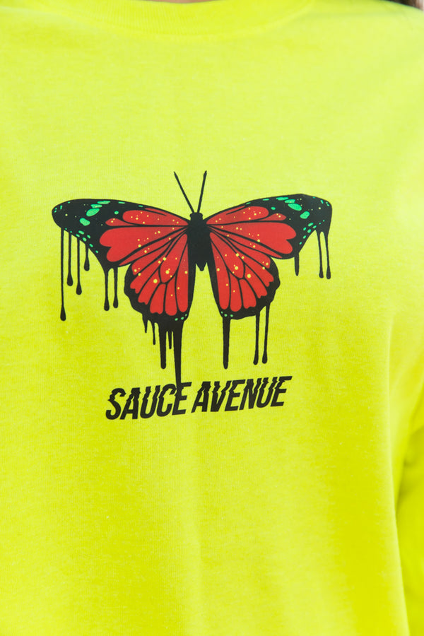 Red Passion Butterfly Drip | Neon Yellow Long Sleeve Tee - Sauce Avenue