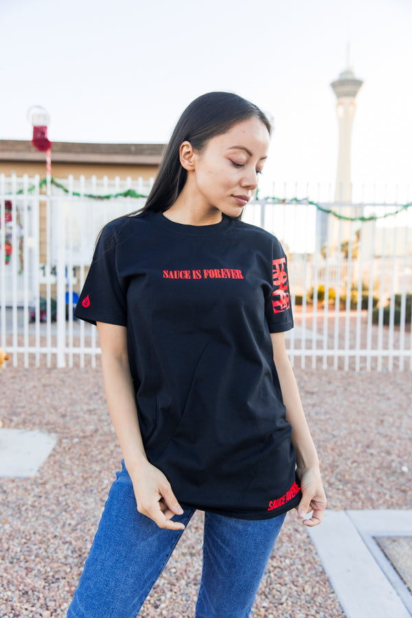 Red Sauce Is Forever (S) | Black Tee (LOVE Sleeve) - Sauce Avenue