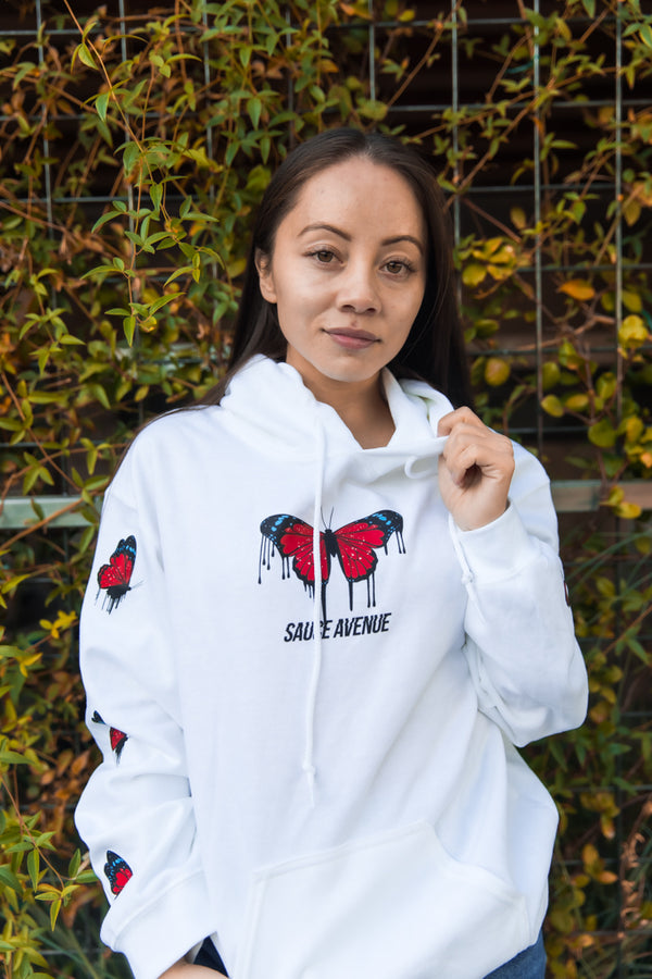 Red Passion Butterfly Drip | White Hoodie (Sleeves) - Sauce Avenue