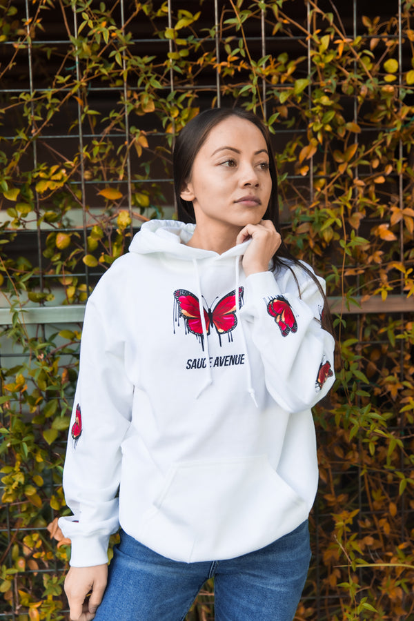 Pink Compassion Butterfly Drip | White Hoodie (Sleeves) - Sauce Avenue