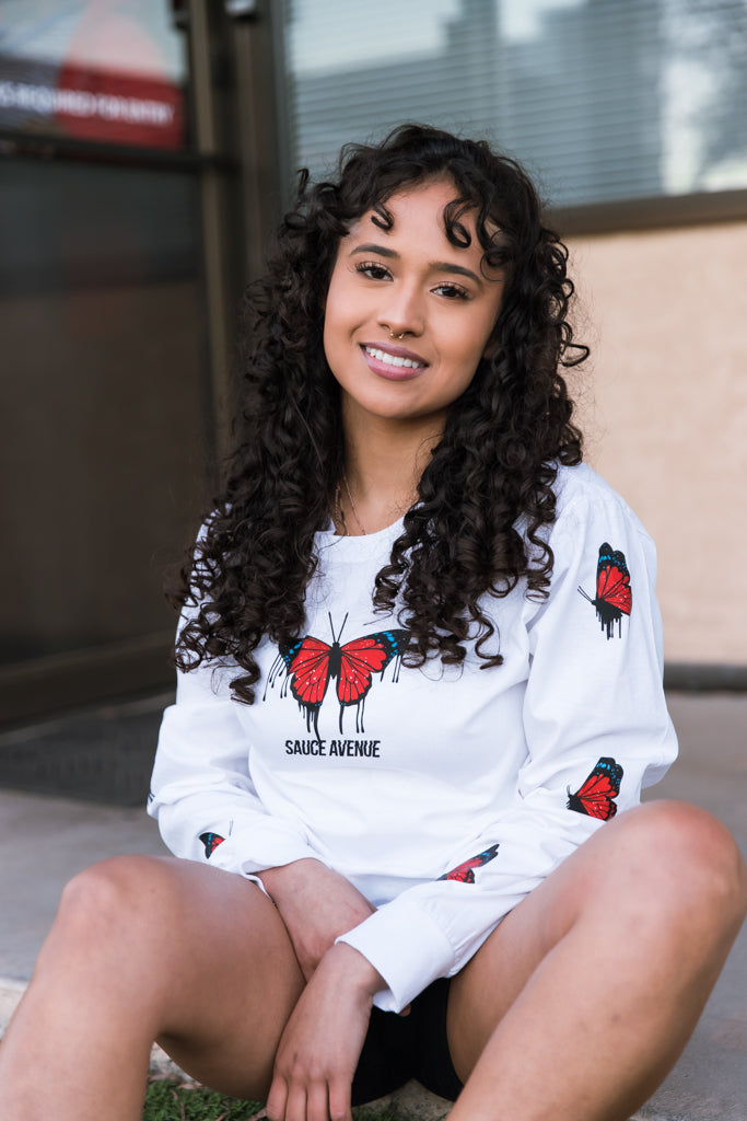 Red Passion Butterfly Drip | White Long Sleeve Tee (Sleeves) - Sauce Avenue