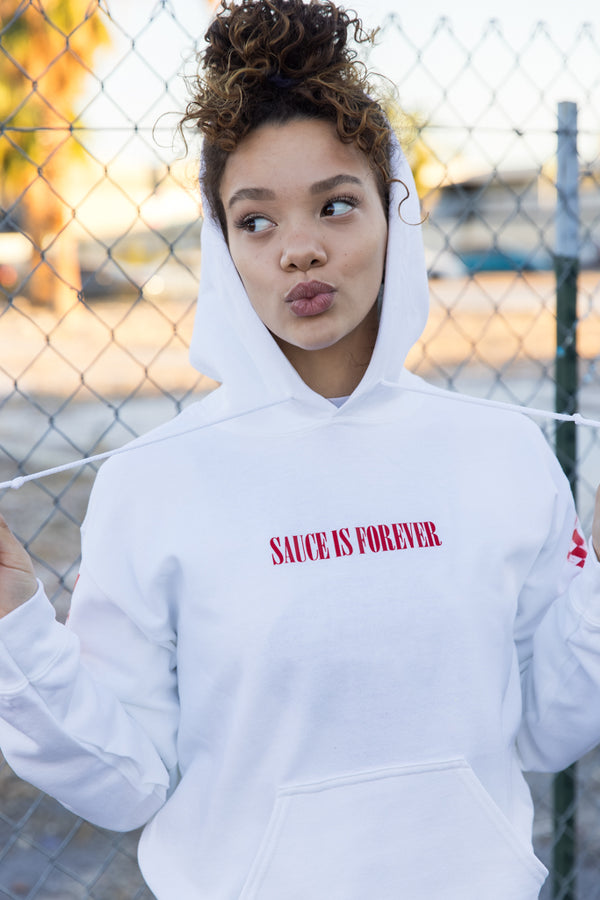 Red Sauce Is Forever (S) | White Hoodie (Checkered Drippin Sleeve) - Sauce Avenue