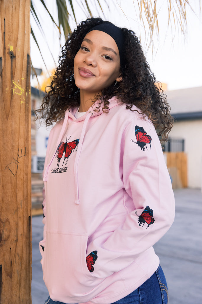 Red Passion Butterfly Drip | Light Pink Hoodie (Sleeves) - Sauce Avenue