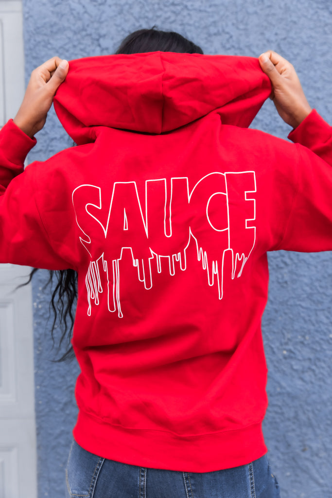 White SA Curve Outline | Red Zip Up Jacket (Outline Sauce Back) - Sauce Avenue