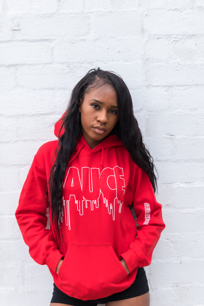 White Outline Sauce | Red Hoodie - Sauce Avenue
