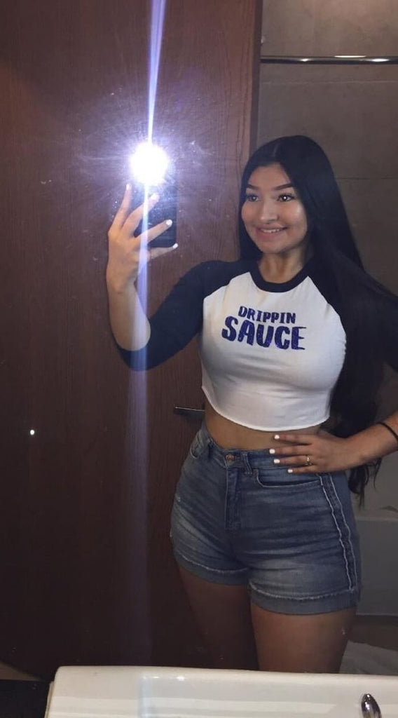 Royal Blue Glitter Drippin Sauce | Cropped White/Black Baseball Tee - SOLD OUT - Sauce Avenue