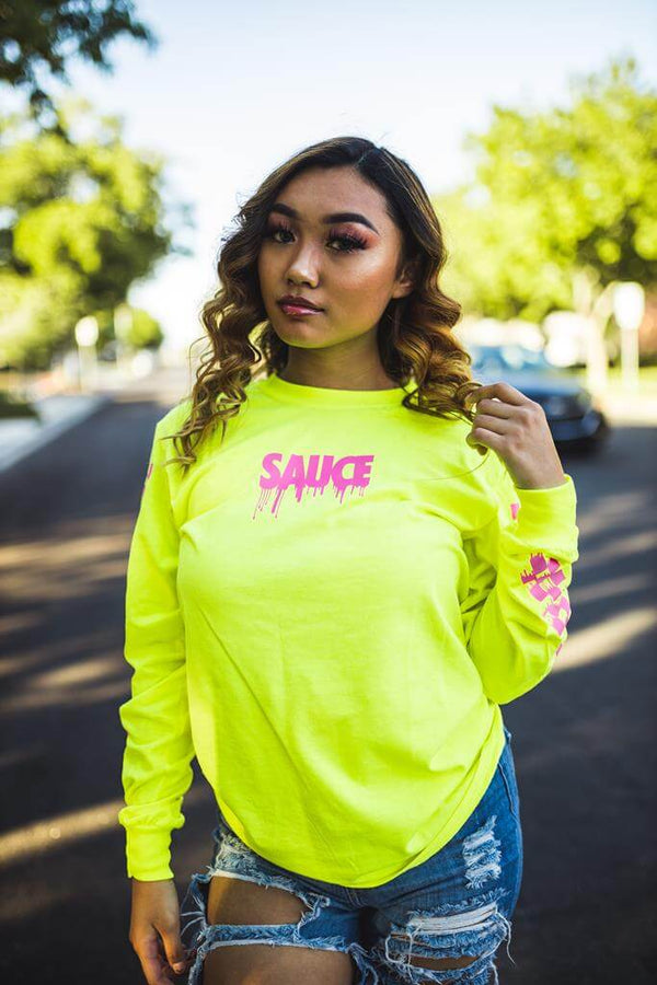 Pink Sauce (S) | Neon Yellow Long Sleeve Tee (Solid Checkered Drippin Sleeve) - Sauce Avenue