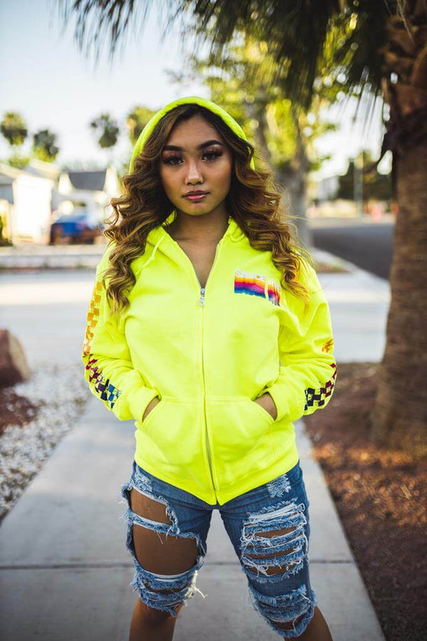 SA Color Stack | Safety Yellow Zip Up Jacket (Color Stack Checkered Drippin Sleeves) - Sauce Avenue