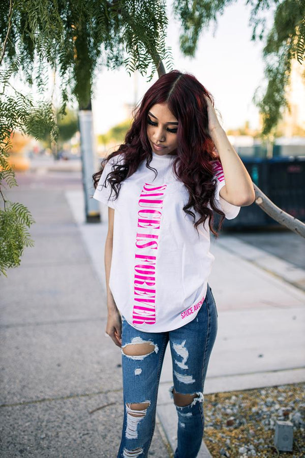 Neon Pink Sauce Is Forever (Vertical Big) | White Tee (LOVE Sleeve) - Sauce Avenue