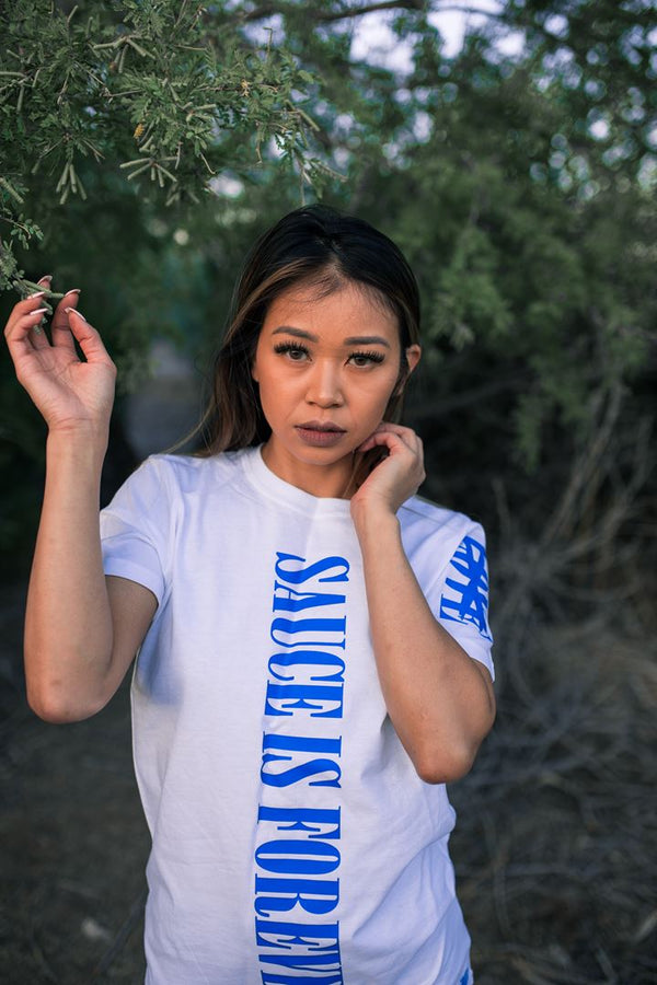 Blue Sauce Is Forever (Vertical Big) | White Tee (LOVE Sleeve) - Sauce Avenue