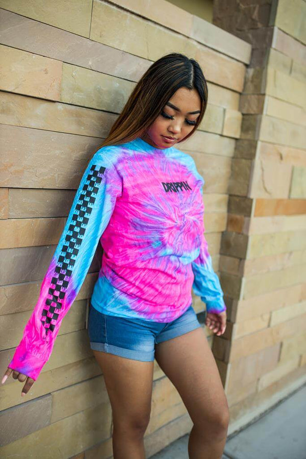 Black Drippin (S) | Cotton Candy Long Sleeve (Solid Checkered Sleeves) - Sauce Avenue