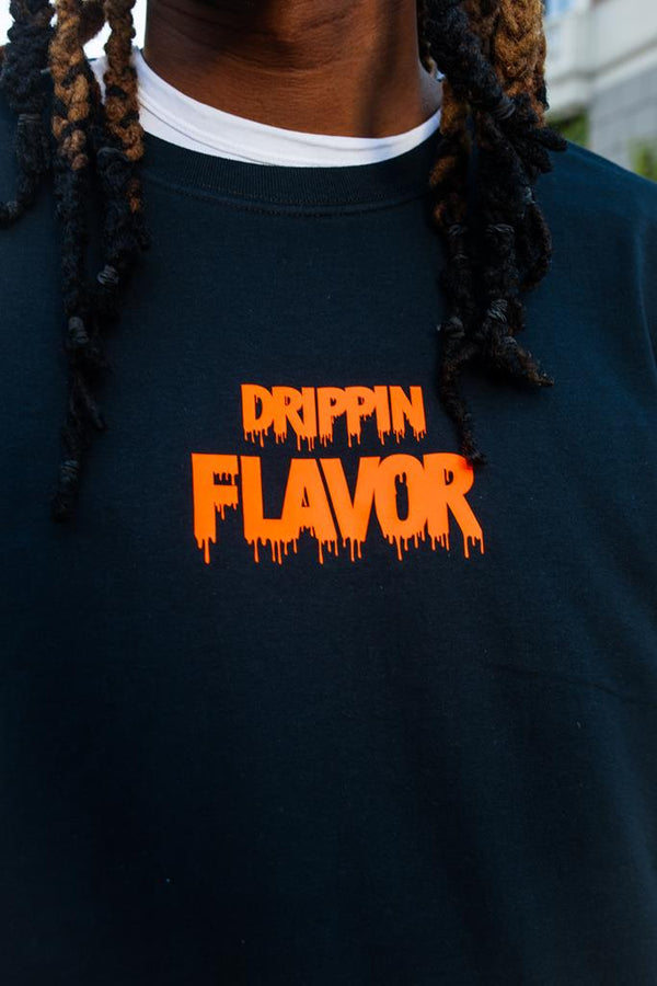 Neon Orange Drippin Flavor | Black Long Sleeve Tee - Sauce Avenue
