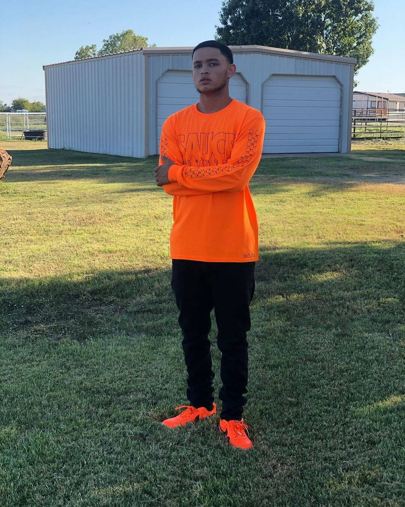 Black Sauce Outline | Orange Long Sleeve Tee (Outline Checkered Drippin Sleeves) - Sauce Avenue