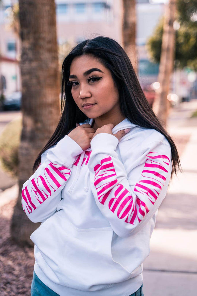 Neon Pink LOVE  White Hoodie (Neon Pink Sauce Is Forever Sleeves) – Sauce  Avenue