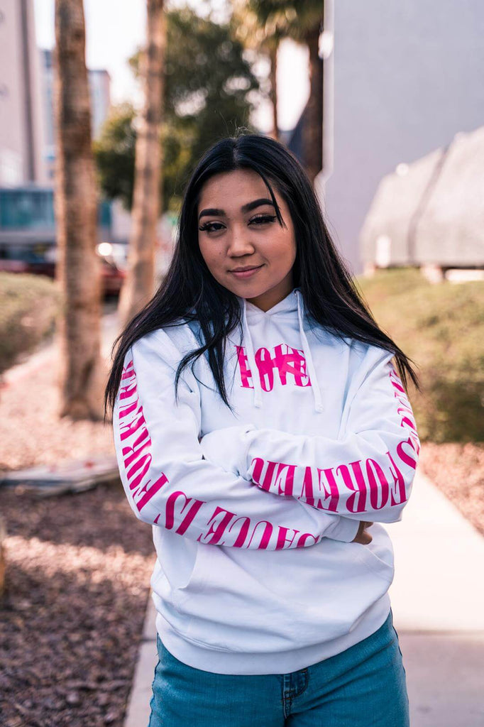 Neon Pink LOVE | White Hoodie (Neon Pink Sauce Is Forever Sleeves) - Sauce Avenue