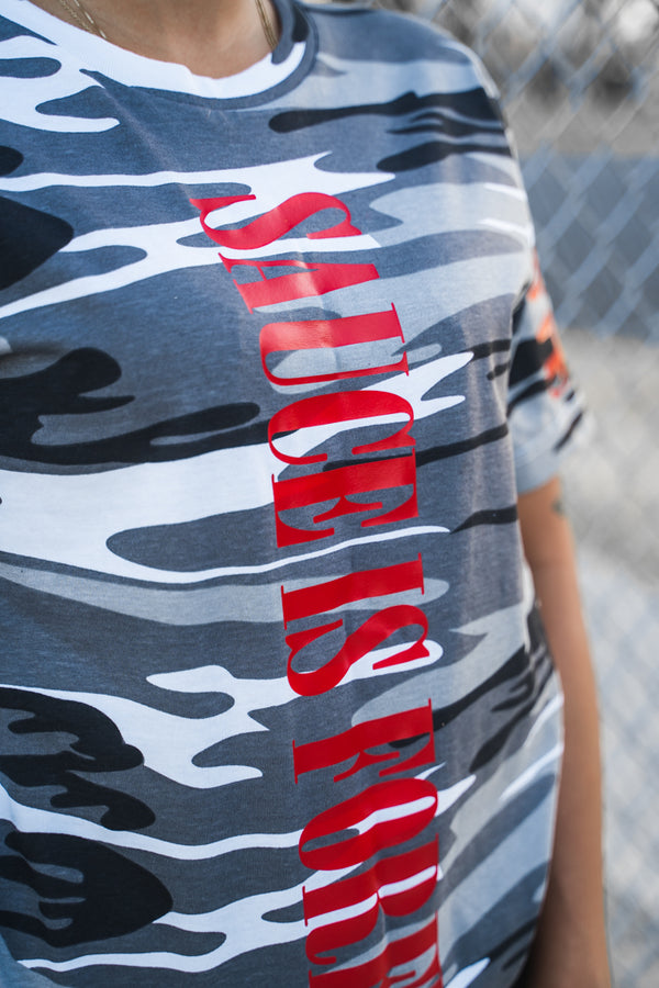 Red Sauce Is Forever (Vertical Big) | White Camo Tee (LOVE Sleeve) - Sauce Avenue