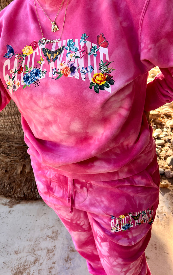 White SA Flowers & Butterflies Curve (S) | Tie Dye Pink Joggers - Sauce Avenue