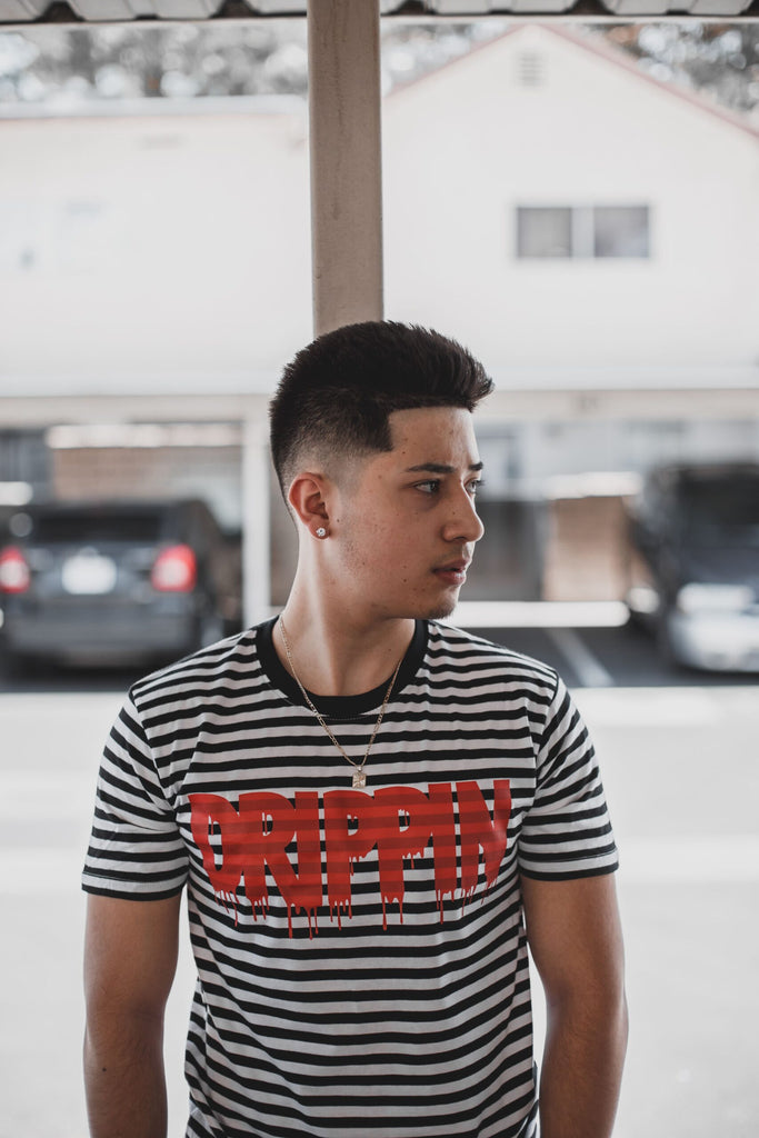 Red Drippin | Black/White Stripe Tee - SOLD OUT - Sauce Avenue