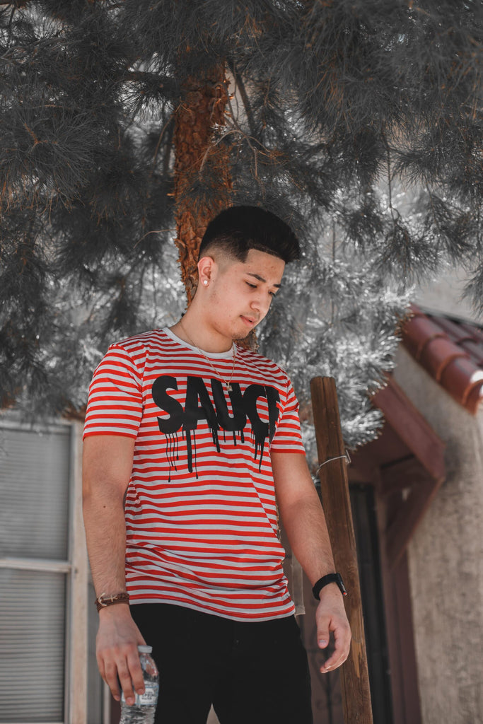 Black Sauce | White/Red Stripe Tee - SOLD OUT - Sauce Avenue