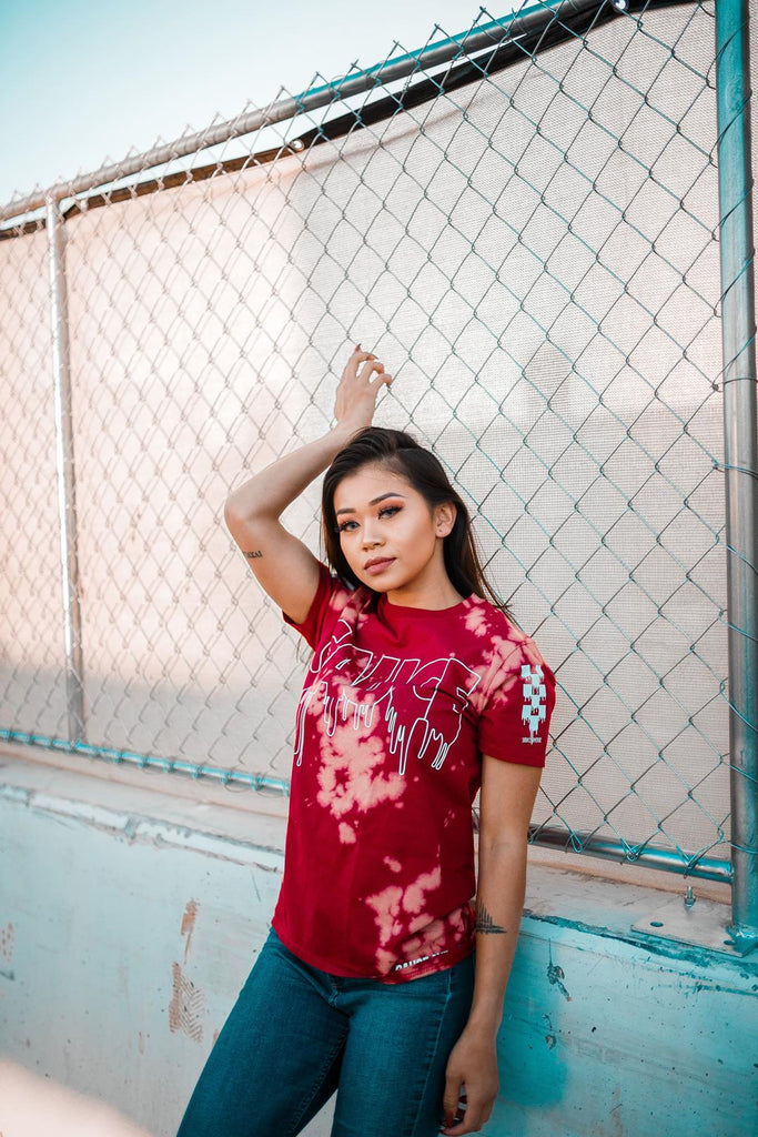White Sauce Outline | Red Bleach Out Tee (Solid Checkered Drippin Sleeve) - Sauce Avenue