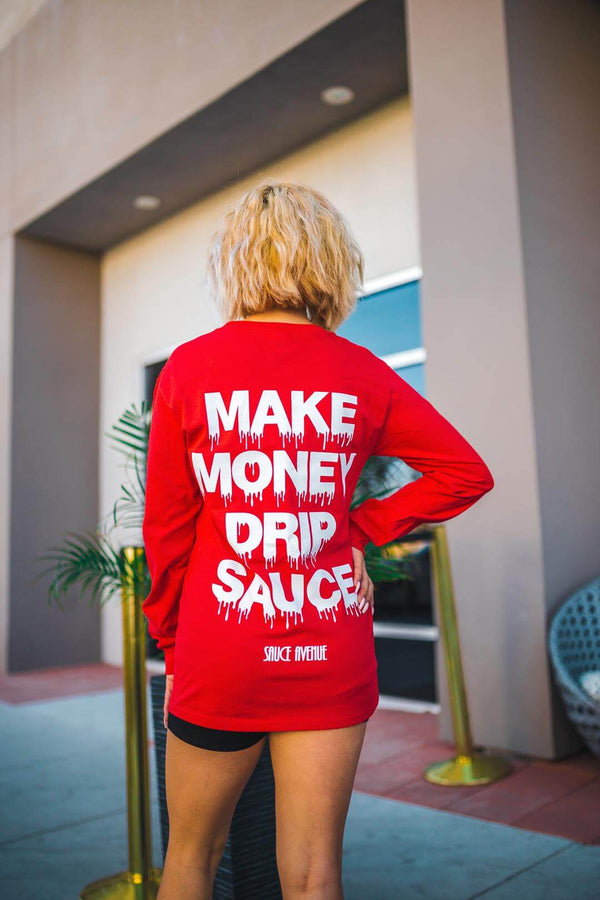 White Make Money Drip Sauce | Red Long Sleeve Tee - Sauce Avenue