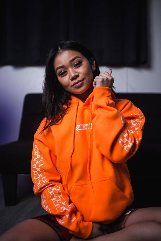 White SA Outline | Orange Hoodie (Outline Checkered Drippin Sleeves) - Sauce Avenue