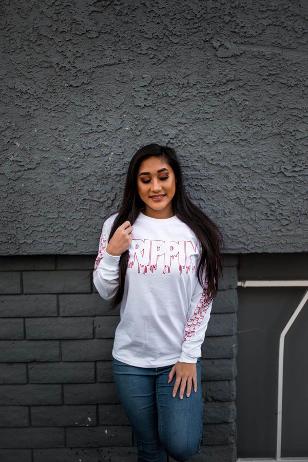 Red Drippin Outline | White Long Sleeve Tee (Outline Checkered Drippin Sleeves) - Sauce Avenue
