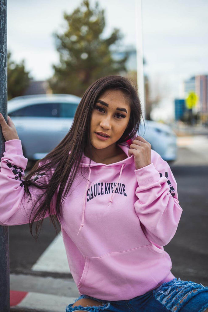 Black SA Curve | Light Pink Hoodie (Solid Checkered Drippin Sleeves) - Sauce Avenue
