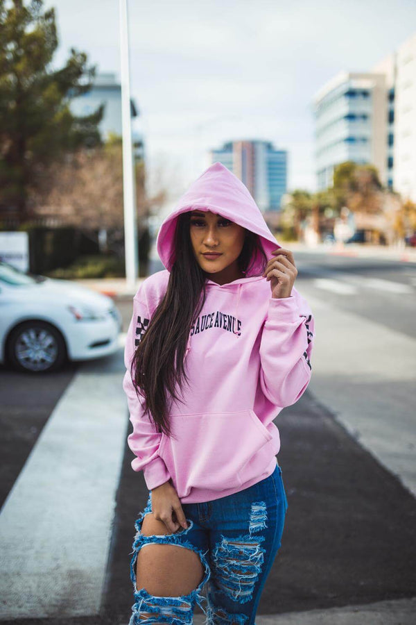 Black SA Curve | Light Pink Hoodie (Solid Checkered Drippin Sleeves) - Sauce Avenue