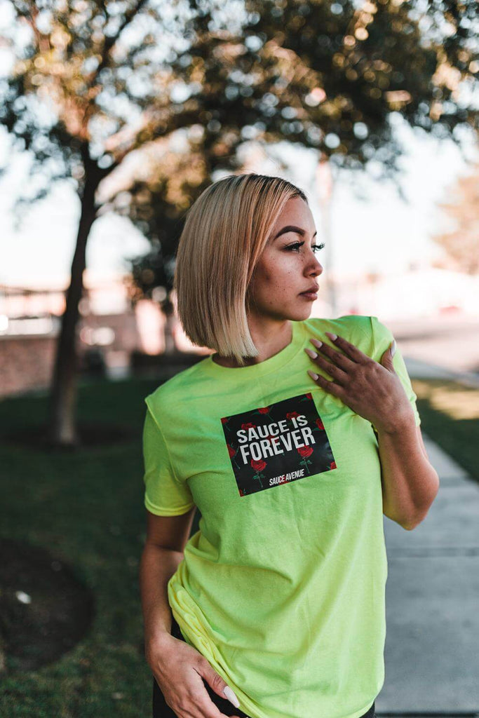 Sauce Is Forever (Black Rose Box) | Neon Yellow Tee - Sauce Avenue