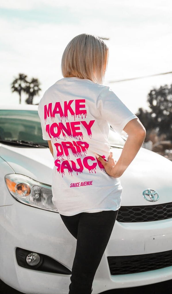 Neon V2 Pink Make Money Drip Sauce | White Tee - Sauce Avenue