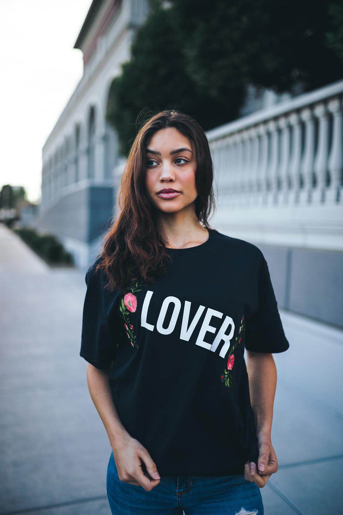 Lover (White) | Floral Black Tee (=) - Sauce Avenue