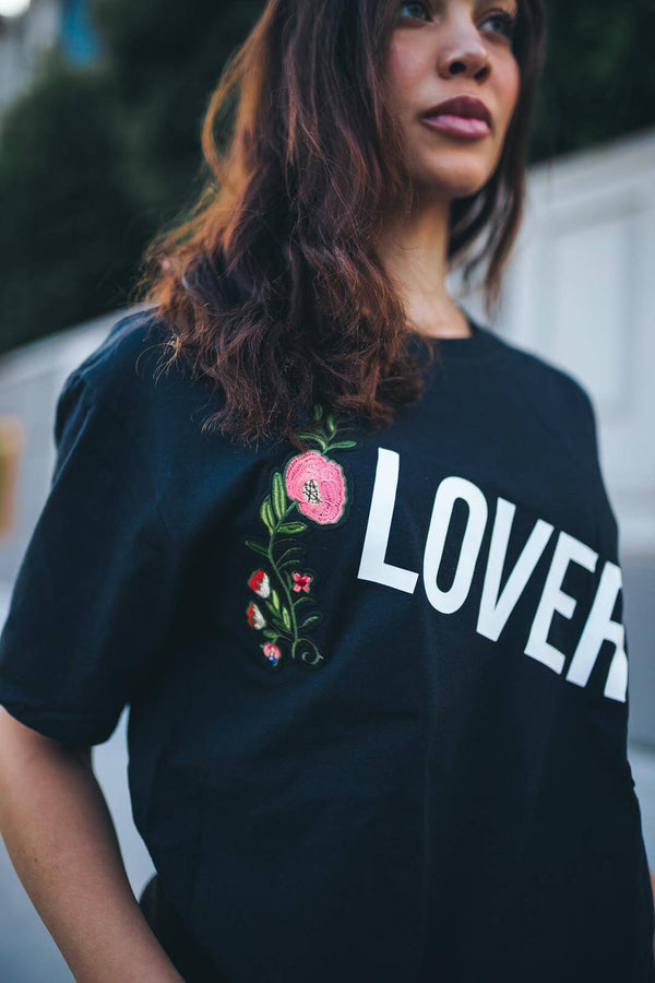 Lover (White) | Floral Black Tee (=) - Sauce Avenue