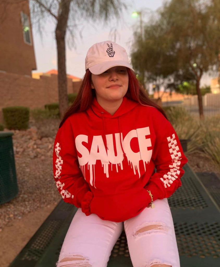 White Sauce | Red Hoodie (Solid Checkered Drippin Sleeve) - Sauce Avenue