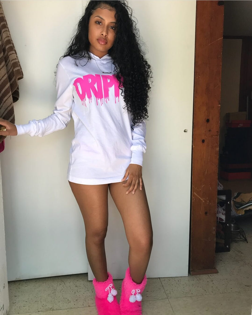 Pink Drippin | White Jersey Long Sleeve Hoodie - Sauce Avenue