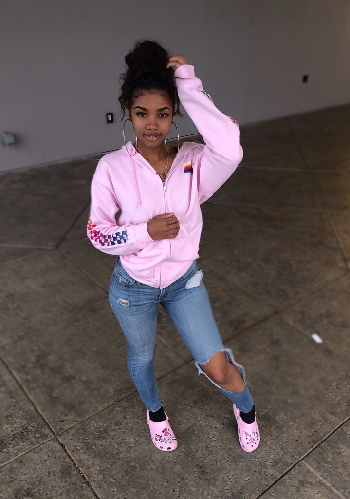 SA Color Stack | Light Pink Zip Up Jacket (Color Stack Checkered Drippin Sleeves) - Sauce Avenue